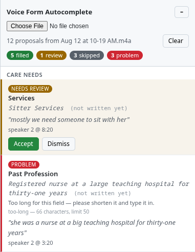 Panel showing a Needs review row with Accept and Dismiss buttons, and a Problem row explaining the answer is too long for the field.