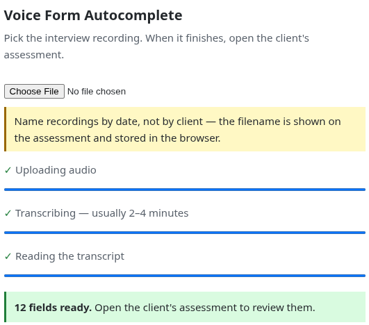 The upload tab after a successful run, showing the message: N fields ready, open the client's assessment to review them.
