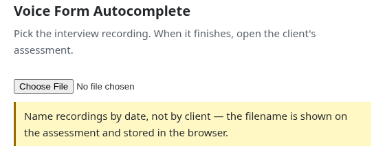 The upload tab before a file is chosen, with a Choose File button and a note about naming recordings by date.