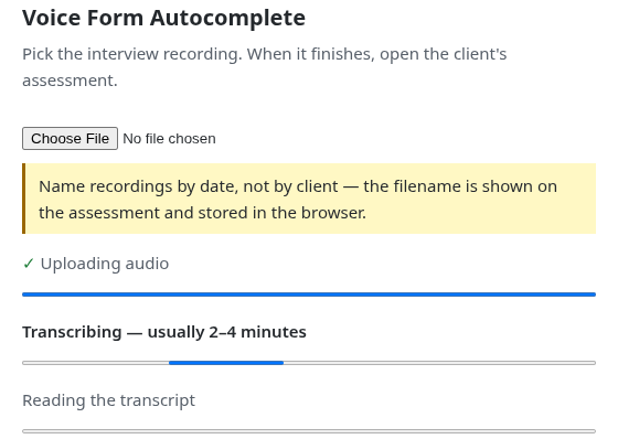 The upload tab mid-job, showing the three stages: Uploading audio, Transcribing, and Reading the transcript.